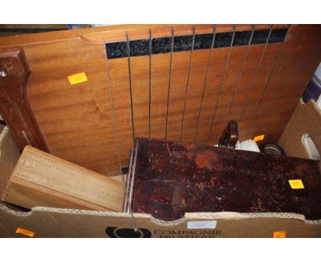 A box of assorted collectables comprising cigar press, scroll box, playing card packs, rare decimal pennies, two boxes of dom