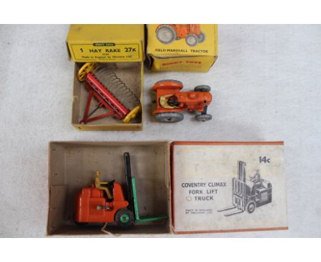 Dinky Toys 27K Hay Rake, 27N/301 Field Marshall Tractor and 14C Fork Lift Truck, all boxed.