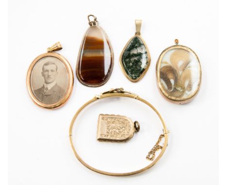 A Victorian gold bracelet set with pearls (some missing), two opal pendants, a 9ct pendant with photograph and two other lock