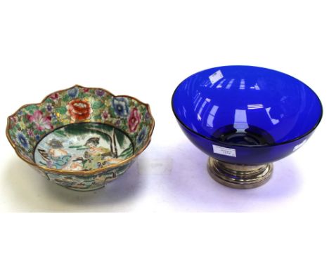 A blue glass presentation bowl with a presentation inscription on a plated stand, together with a 20th Century Chinese cerami