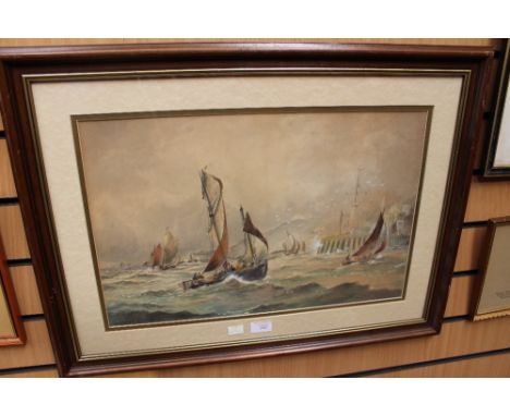 Aldridge, Frank (XX), seascape with sailing vessels on a choppy sea beside a pier, watercolour, signed, framed, 35cm by 50cm