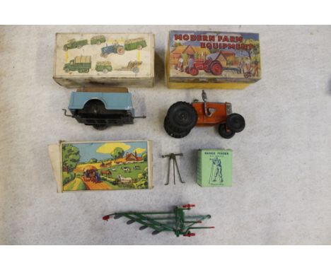 Britains 1639 Range Finder (no operator), 2041 clockwork trailer (missing wheel), 138F four furrow plough and a Crescent trac
