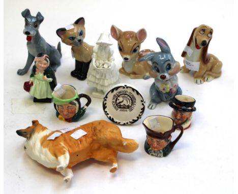 Five Wade Disney animals, with Royal Doulton Sairey Gamp and Greta (768049) a.f., miniature toby jugs, etc. (12)