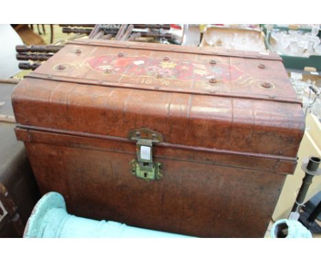 A painted tin trunk containing a hand butter churn, stoneware jars and a quantity of metalwares, including brass pans etc