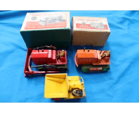 Dinky Toys boxed 561 Blaw Knox bulldozer, 563 heavy tractor and an unboxed dumper truck Muir Hill.