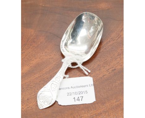A Victorian silver caddy spoon with bright-cut decoration, George Unite Birmingham 1864, length 9.5 cm weight 12 g / 0.39 ozt