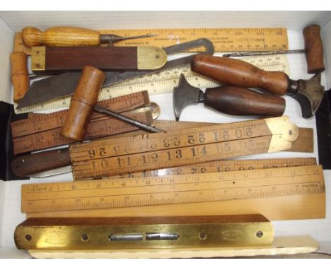 Collection of vintage tools and boxwood rulers 