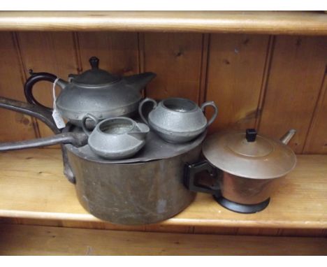 Pewter tea service, victorian very heavy copper jam pan and a copper teapot 