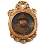 Miniaturportrait Alexei I., Zar von Russland17. Jh.Rechts im Hintergrund Blick auf ein Kloster. Öl/