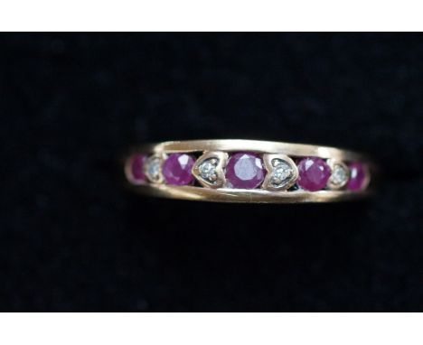 9ct Gold ring set with rubies &amp; diamonds Size N 