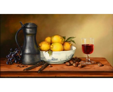 Paul Wilson (b.1945) ''Pewter and Fruit'' Signed, oil on board, 33cm by 58.5cm  Provenance: Spencer Coleman Fine Art, Beverle
