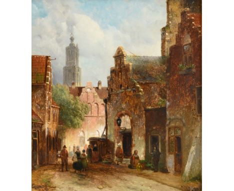 D Pols (19th century) Dutch  Street scene with figures returning from market Signed, oil on panel, 25.5cm by 22.5cm   Provena