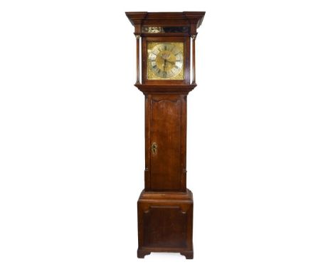 An Oak Thirty Hour Longcase Clock, signed Tho Lawson, Kighley, circa 1770, flat top pediment, eglomise painted glass panel, a