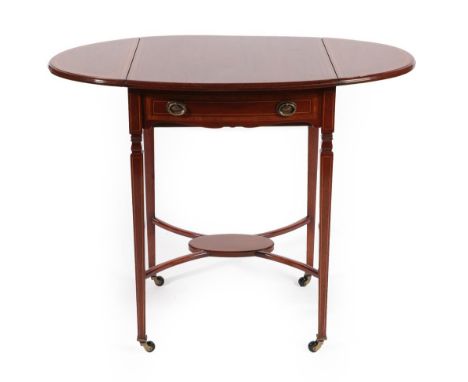 An Edwardian Mahogany, Satinwood Banded and Ebony Strung Dropleaf Table of oval form above a single frieze drawer, on square 