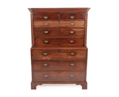 A George III Mahogany Chest on Chest, late 18th century, the upper section with two short over three long drawers all between