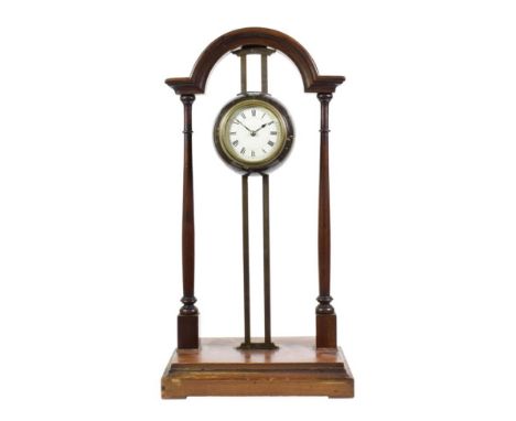 A Late Victorian Mahogany Gravity Rack Mantel Timepiece, circa 1900, arched pediment with supporting side columns, rectangula