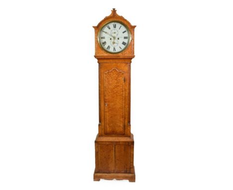 A Burr Satinwood Eight Day Longcase Clock, signed J.Ellis, Thornhill, early 19th century and later, arched pediment, arched t