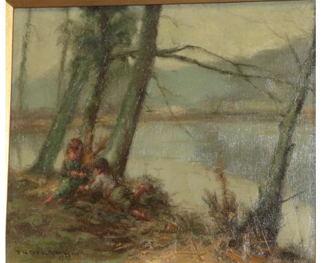 F R Gélard (late 19th century) French Children at rest by a lakeside Signed and dated 1898, oil on canvas, 22.5cm by 27.5cm 