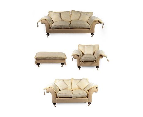 ~ A Four Piece Lounge Suite, modern, upholstered in yellow corduroy-type fabric, with feather filled floral silk cushions and