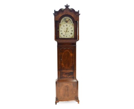 A Mahogany Eight Day Longcase Clock, signed Jno Cooke, Runcorn, circa 1820, swan neck pediment, wavy shaped inlaid trunk door