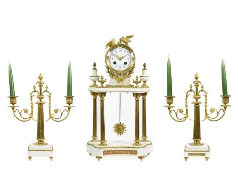 A White Marble Portico Striking Mantel Clock with Garniture, early 20th century, surmounted by birds and urn finials, Corinth