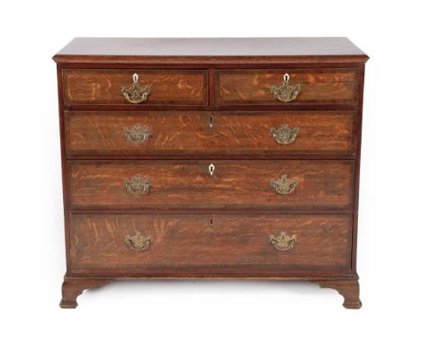 A George III Oak and Mahogany Crossbanded Straight Front Chest of Drawers, circa 1780, the moulded top above two short and th