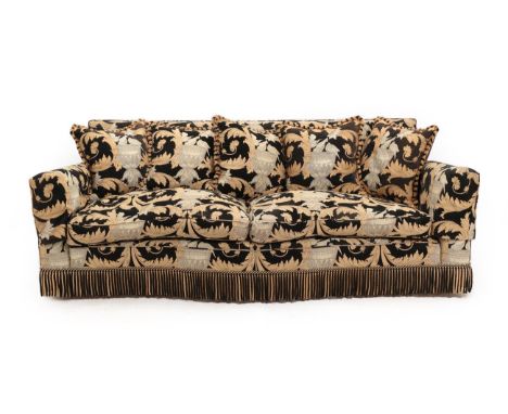 A Duresta Feather-Filled Three-Seater Diplomat Sofa, modern, covered in Corinthian fabric with five matching scatter cushions