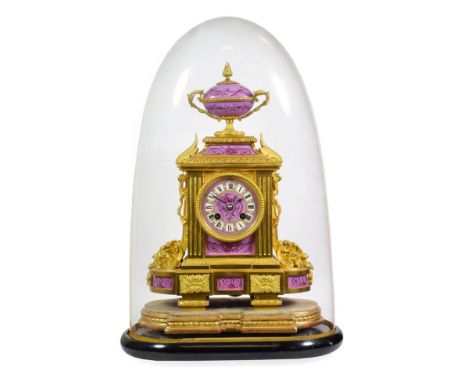 A Gilt Metal Pink Porcelain Mounted Striking Mantel Clock, retailed by Cattaneo &amp; Co, circa 1890, urn finial, pink porcel