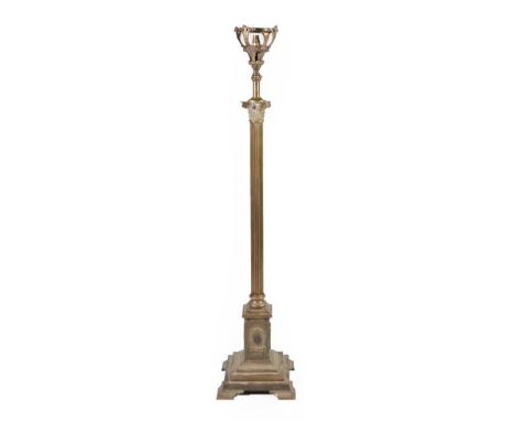 A Victorian Telescopic Brass Oil Lamp, with scrolled leaf cast bowl to receive a shade, mounted on an adjustable support with