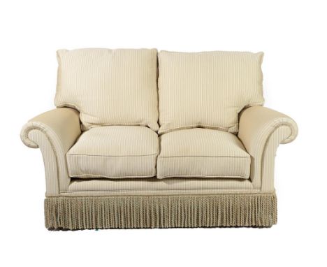 ~ A Two-Seater Feather-Filled Sofa, modern, covered in striped green fabric, with four squab cushions and rounded arm support