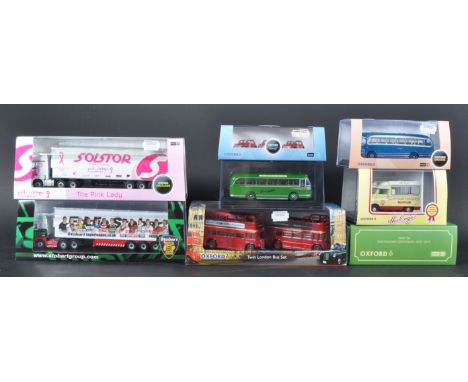 A collection of x8 assorted Oxford Diecast 1/76 scale model cars, buses and haulage vehicles to include; SHL15FR Stobart Supe