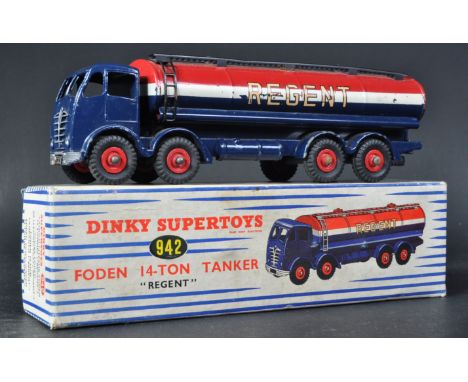 An original vintage Dinky Supertoys boxed diecast model No. 942 Foden 14-Ton Tanker. The model with x8 rubber wheels, red hub