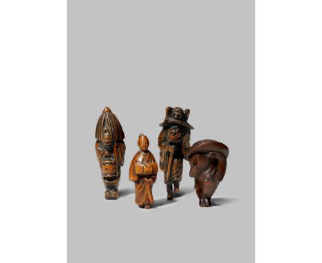 FOUR JAPANESE WOOD NETSUKE EDO/MEIJI PERIODS Variously carved as a tanuki using its swollen scrotum as an umbrella, Shoki the