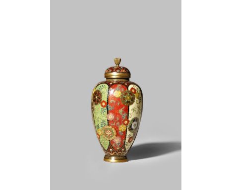A JAPANESE CLOISONNE ENAMEL MINIATURE VASE AND COVER BY NAMIKAWA YASUYUKI (1845-1927) MEIJI 1868-1912 The ovoid body decorate