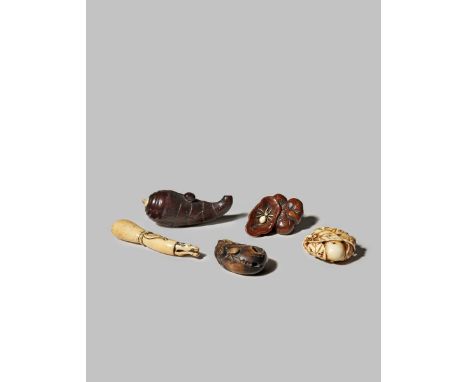 FIVE JAPANESE NETSUKE EDO/MEIJI PERIODS Variously carved as insects and spiders crawling on fruits, vegetables and mushrooms,