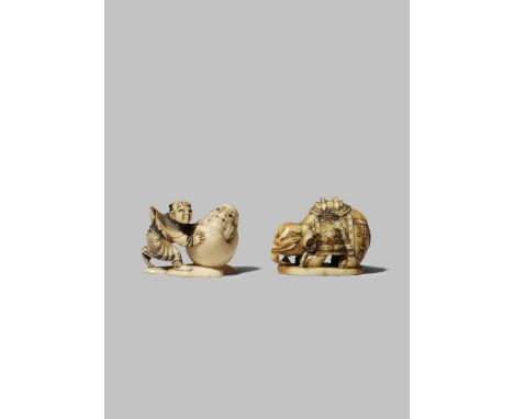 TWO JAPANESE NETSUKE MEIJI 1868-1912 One in marine ivory carved as a caparisoned elephant on an oblong base, unsigned, the ot