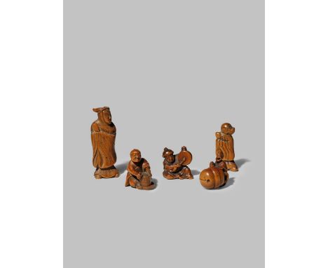 FIVE JAPANESE WOOD NETSUKE EDO/MEIJI PERIODS Four carved as figures, one beating a drum with a two character mark to the base