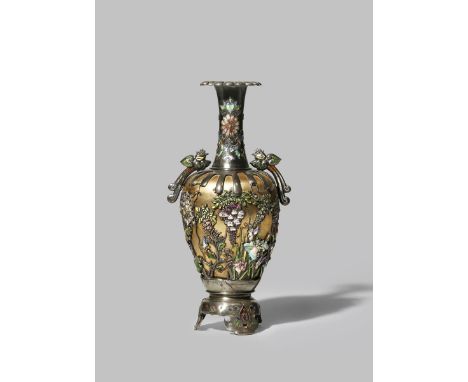 A JAPANESE WHITE METAL, LACQUER AND ENAMEL VASE MEIJI 1868-1912 The body decorated with butterflies fluttering amongst chrysa