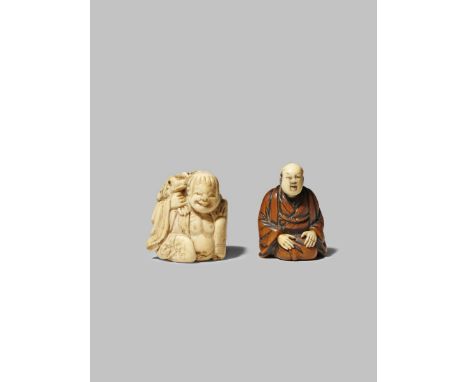 TWO JAPANESE NETSUKE EDO/MEIJI PERIODS One in ivory carved as a jovial-looking Gama Sennin, his pet toad clambering over his 