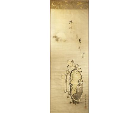 TWO JAPANESE SCROLL PAINTINGS ON SILK MEIJI 1868-1912 One depicting Kanzan and Jittoku gazing at the moon, a poem above them,