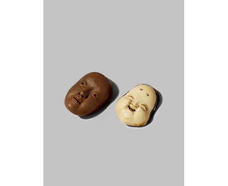 TWO JAPANESE NETSUKE MEIJI 1868-1912 One in ivory and carved as a smiling Okame, signed Ikko, the other Bizen stoneware and d