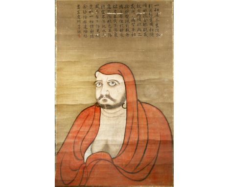 A LARGE JAPANESE SCROLL PAINTING EDO/MEIJI PERIOD Depicting Daruma wearing a red hooded robe and hoop earrings, with Zen scri