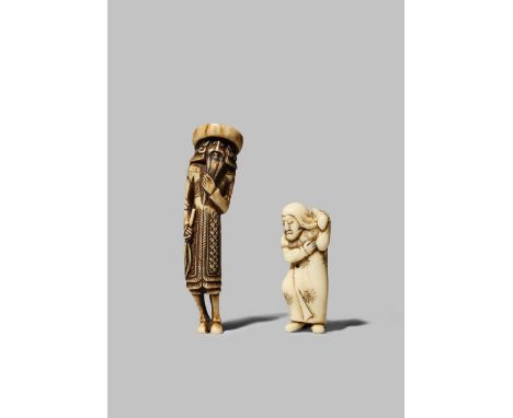 TWO JAPANESE NETSUKE EDO/MEIJI PERIOD Both depicting foreigners, one in stag antler carved as a tall Dutchman holding his bea