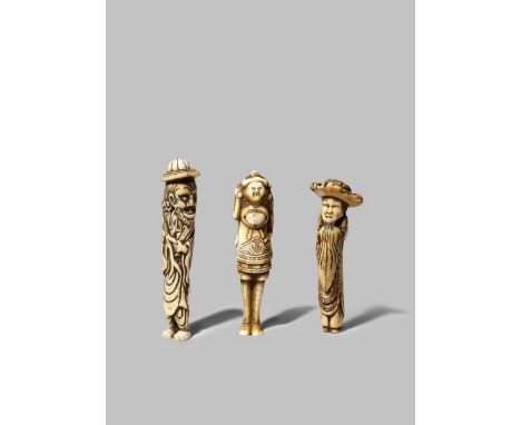 THREE JAPANESE NETSUKE EDO/MEIJI PERIODS Two in stag antler depicting Dutchmen, one with his head turned to the left and hold