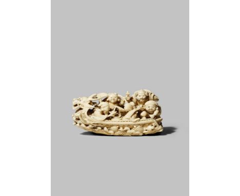 A JAPANESE IVORY OKIMONO NETSUKE MEIJI 1868-1912 Depicting the Treasure Boat, Takarabune, carrying the Seven Gods of Good For