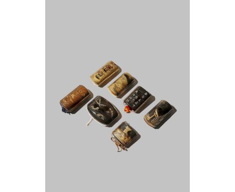 SEVEN JAPANESE LACQUER INRO EDO/MEIJI PERIODS Variously decorated with landscapes, flowers, butterflies and calligraphy, two 