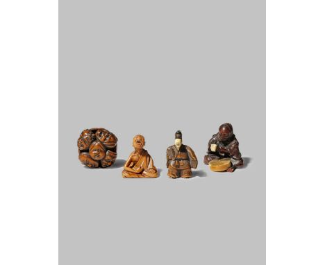 FOUR JAPANESE WOOD NETSUKE MEIJI 1868-1912 One carved as a man using a nose tickler to make himself sneeze, another a stone c