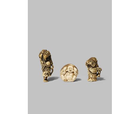 THREE JAPANESE STAG ANTLER NETSUKE EDO/MEIJI PERIODS One depicting a tall Gamma Sennin wearing mugwort leaves and holding a g