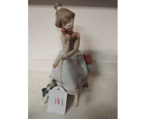 A Lladro figurine 'Chit-Chat' sitting girl on phone with her puppy, marks to base   In good condition