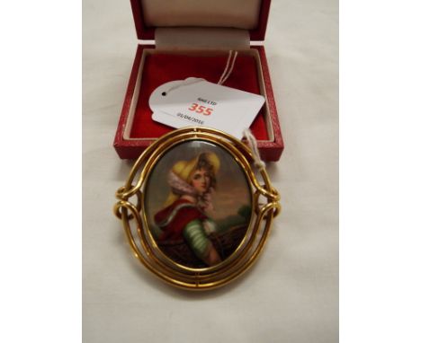 A portrait miniature on enamel plaque depicting a girl in yellow bonnet carrying basket, set into yellow metal brooch mount w
